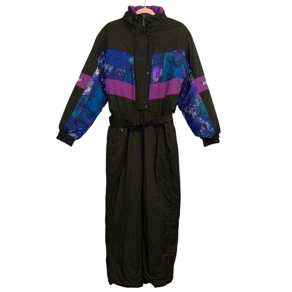 Vintage 80s Ski-Doo Bombardier one-piece ski suit. womens Medium. black/purple